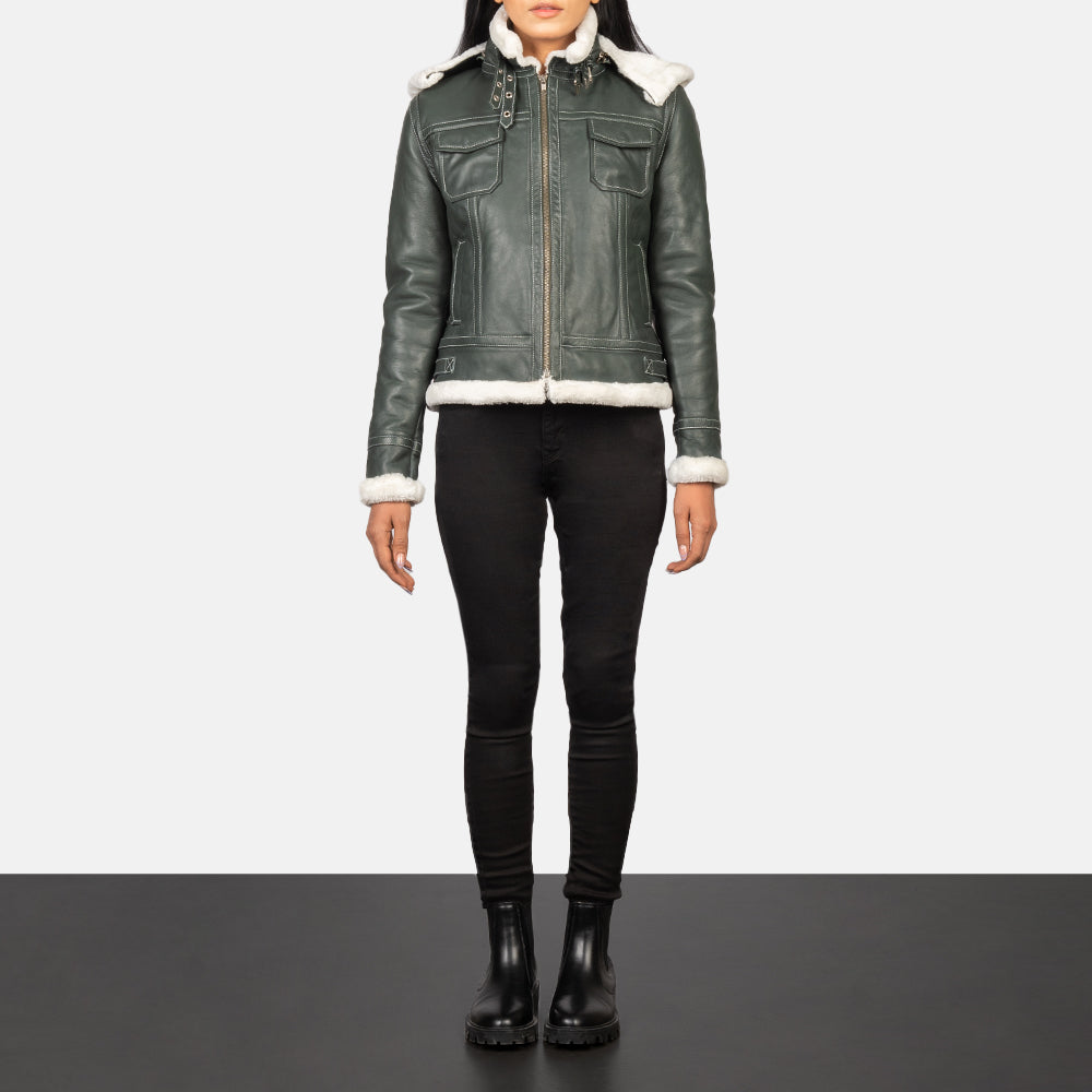 Woman Green Hooded Shearling Leather Jacket