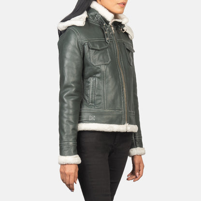 Woman Green Hooded Shearling Leather Jacket