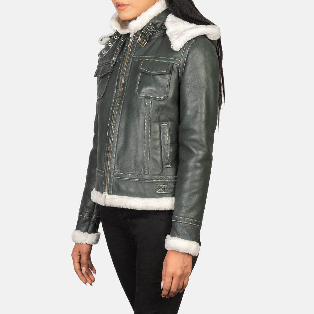 Woman Green Hooded Shearling Leather Jacket