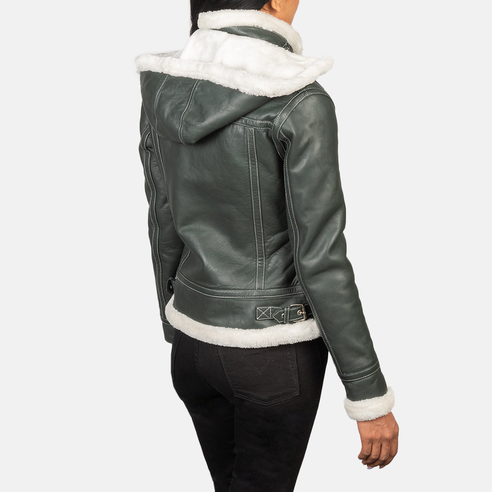 Woman Green Hooded Shearling Leather Jacket