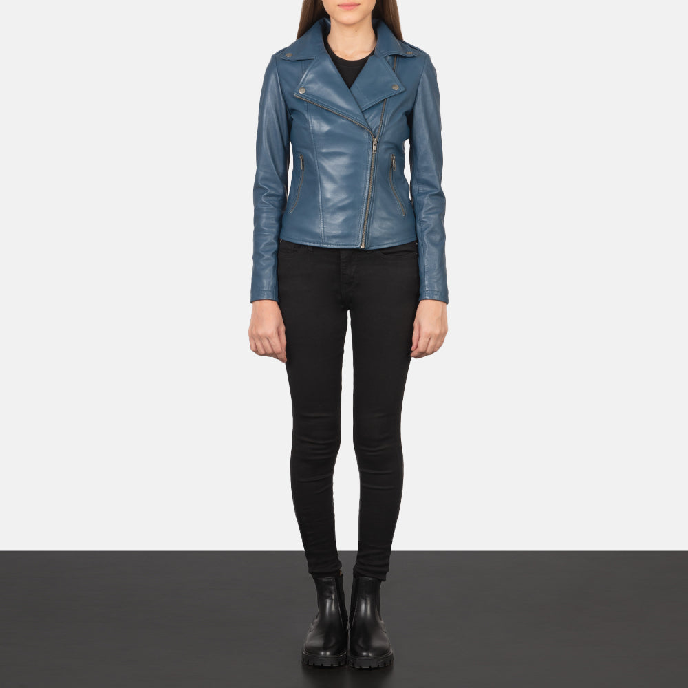 Woman Flashback Blue Leather Biker Fashion Jacket