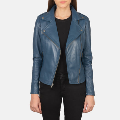 Woman Flashback Blue Leather Biker Fashion Jacket