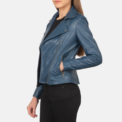 Woman Flashback Blue Leather Biker Fashion Jacket