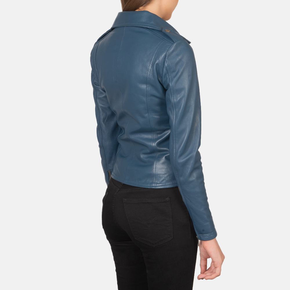 Woman Flashback Blue Leather Biker Fashion Jacket