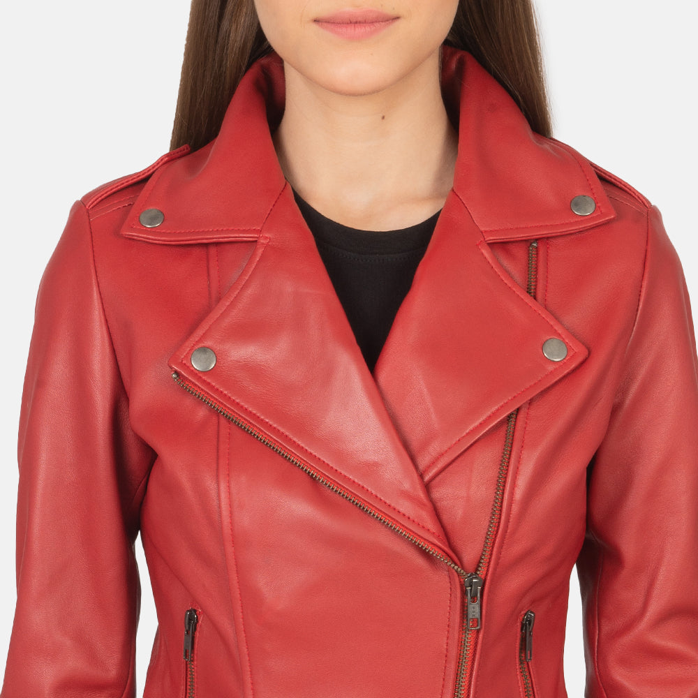 Woman Flashback Red Leather Biker Jacket