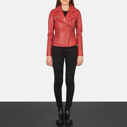 Woman Flashback Red Leather Biker Jacket