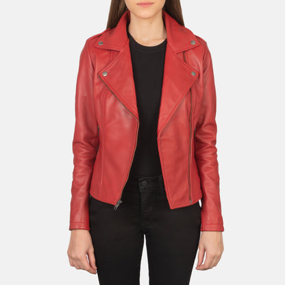 Woman Flashback Red Leather Biker Jacket