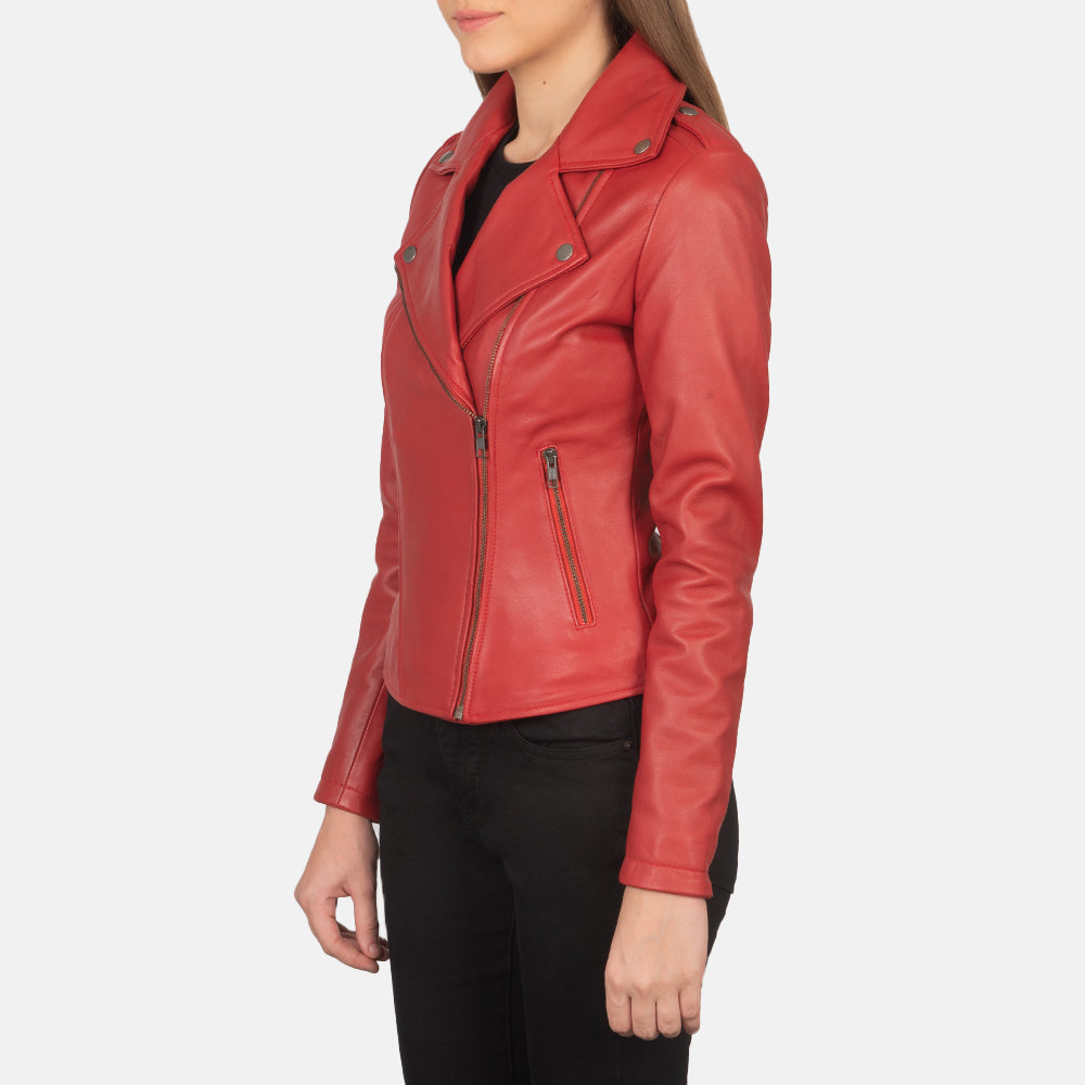 Woman Flashback Red Leather Biker Jacket