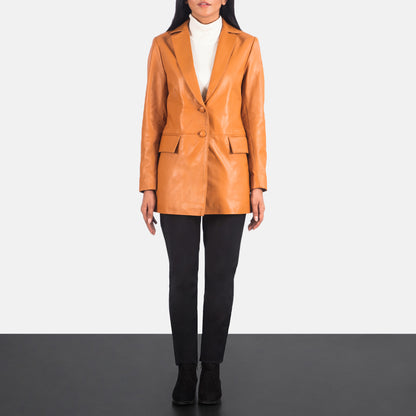 Woman Tan Brown Leather Blazer