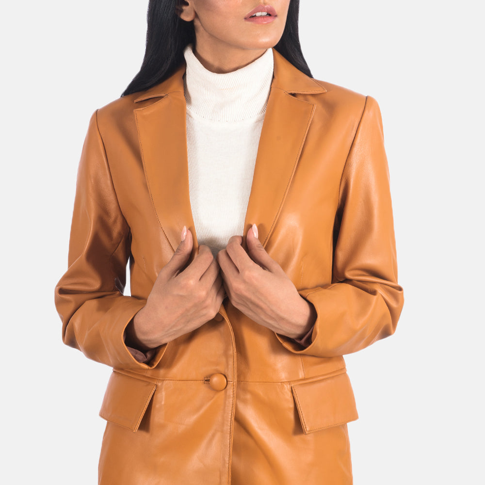 Woman Tan Brown Leather Blazer