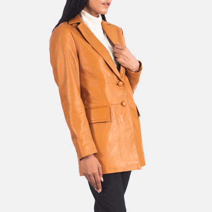 Woman Tan Brown Leather Blazer