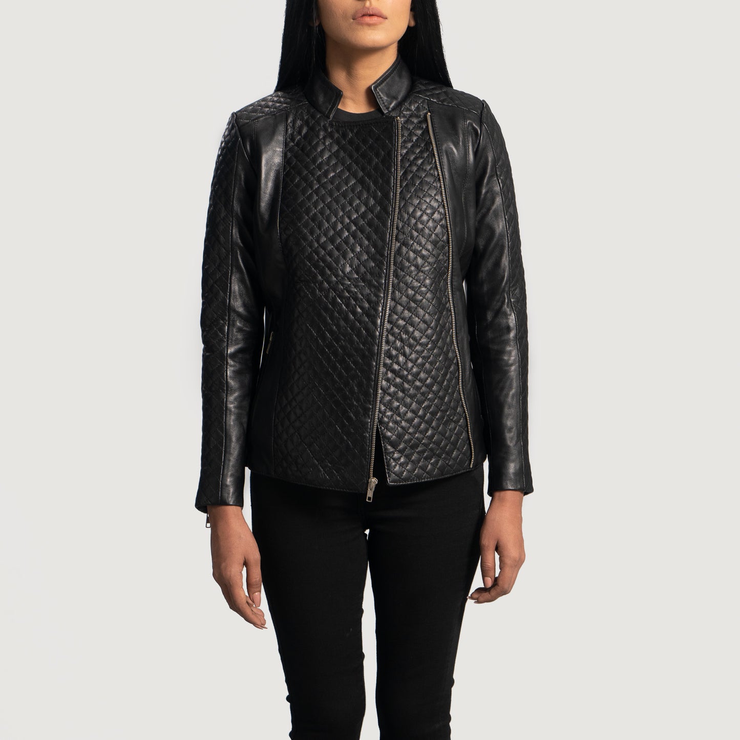 Woman Orient Grain Quilted Black Leather Biker Jacket