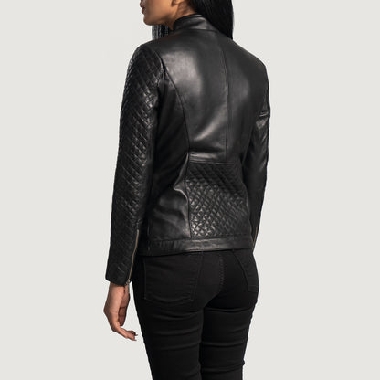 Woman Orient Grain Quilted Black Leather Biker Jacket