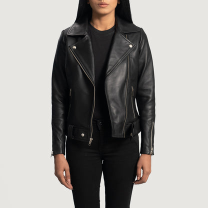 Woman Black Leather Biker Fashion Jacket