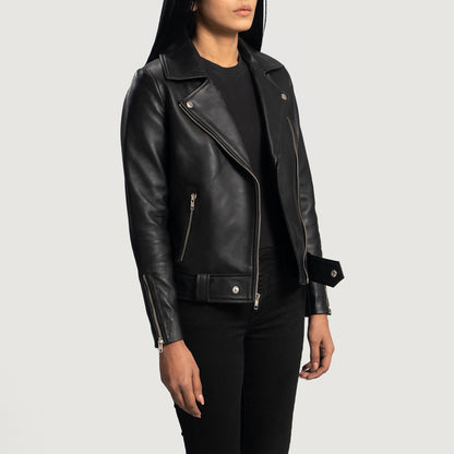 Woman Black Leather Biker Fashion Jacket