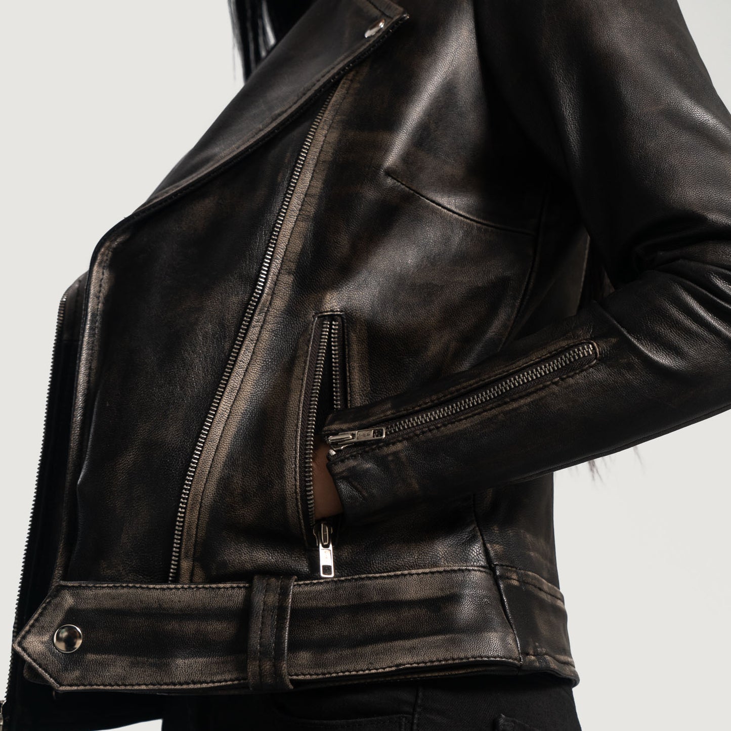 Woman Distressed Brown Leather Biker Fashion Jacket