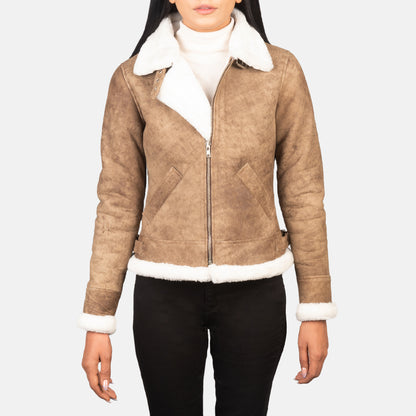 Woman B-3 Distressed Brown Leather Bomber Jacket